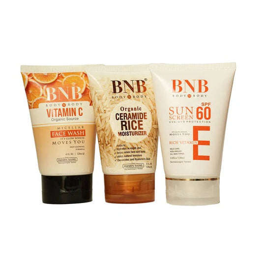 "BNB Winter Glow Trio – includes Vitamin C Facewash, Vitamin E SPF, and Rice Extract Moisturizer for radiant and nourished winter skin"