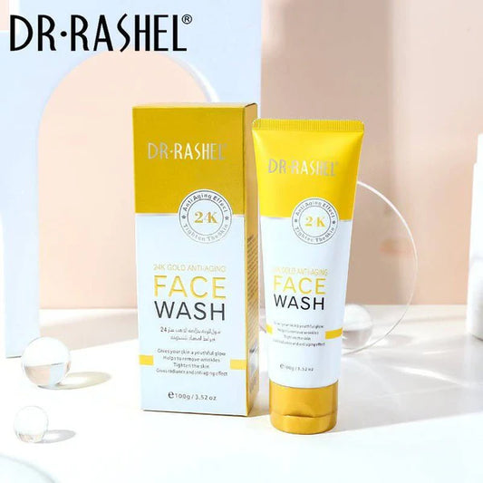 "Dr Rashel 24K Gold Anti‑Aging Face Wash – 100g tube featuring radiant glow and skin firming properties"