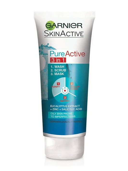 Garnier Skin Naturals Pure Active 3-in-1 Face Wash, Scrub & Mask – Deep Cleansing, Oil Control & Anti-Acne Treatment